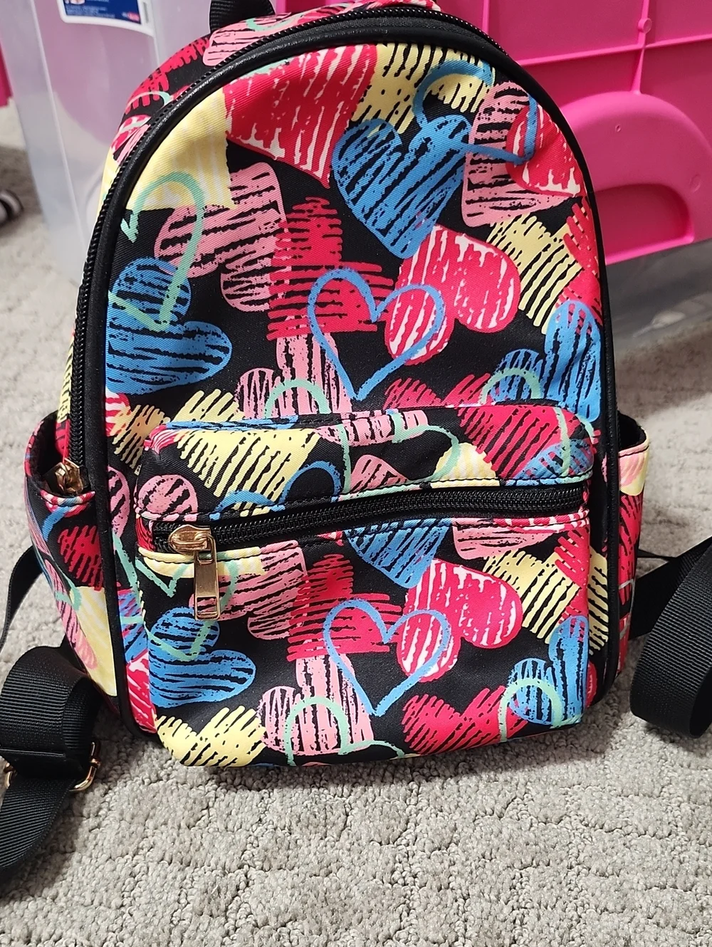Heart-Print Mini Backpack - Black with Pink, Blue & Yellow Hearts
